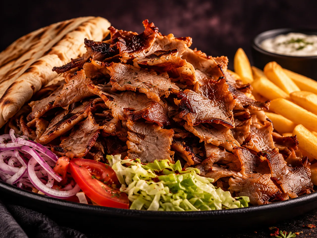 A doner platter with shaved meat and salad