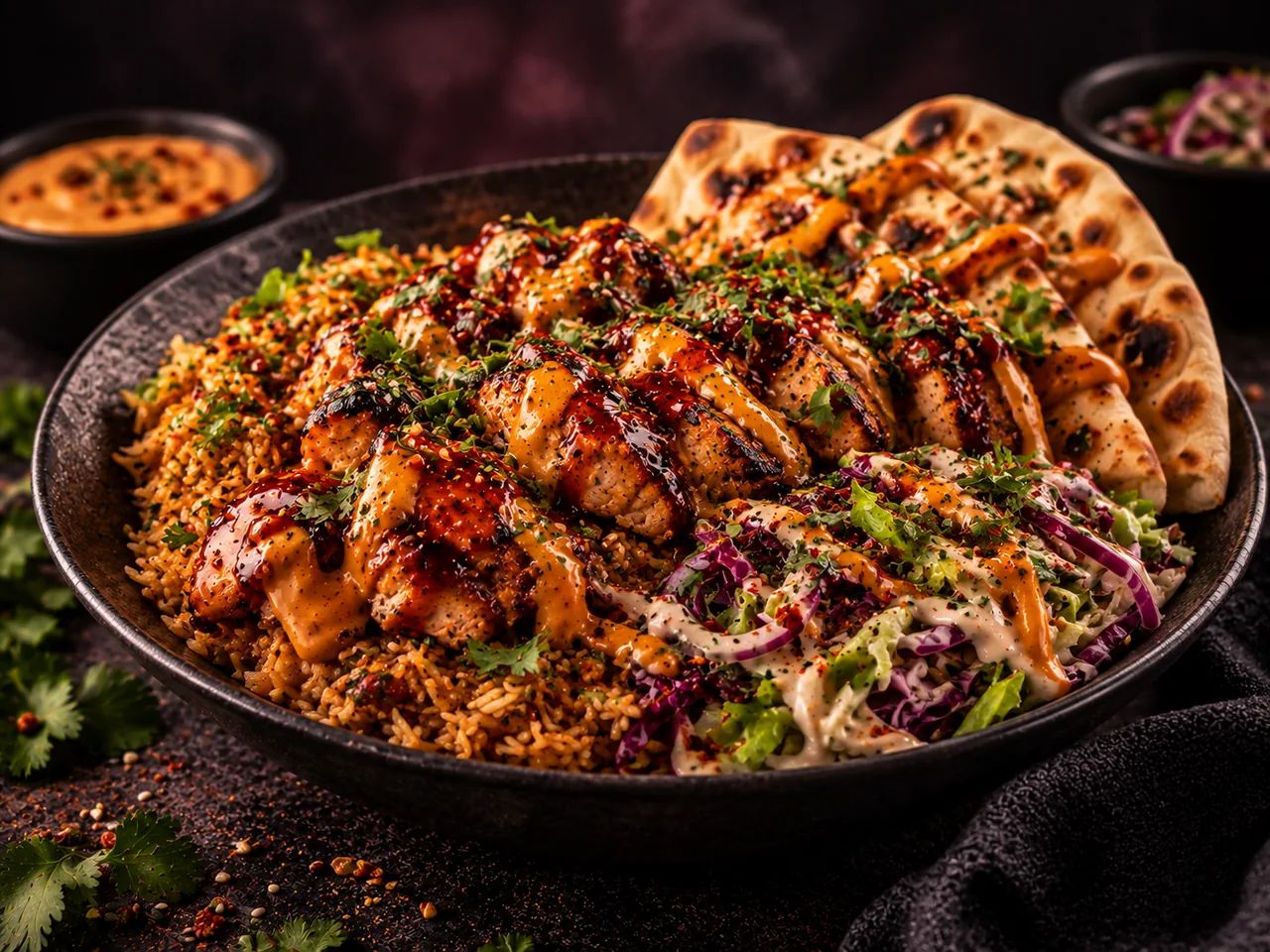 Grilled glazed chicken with seasoned rice, slaw and naan