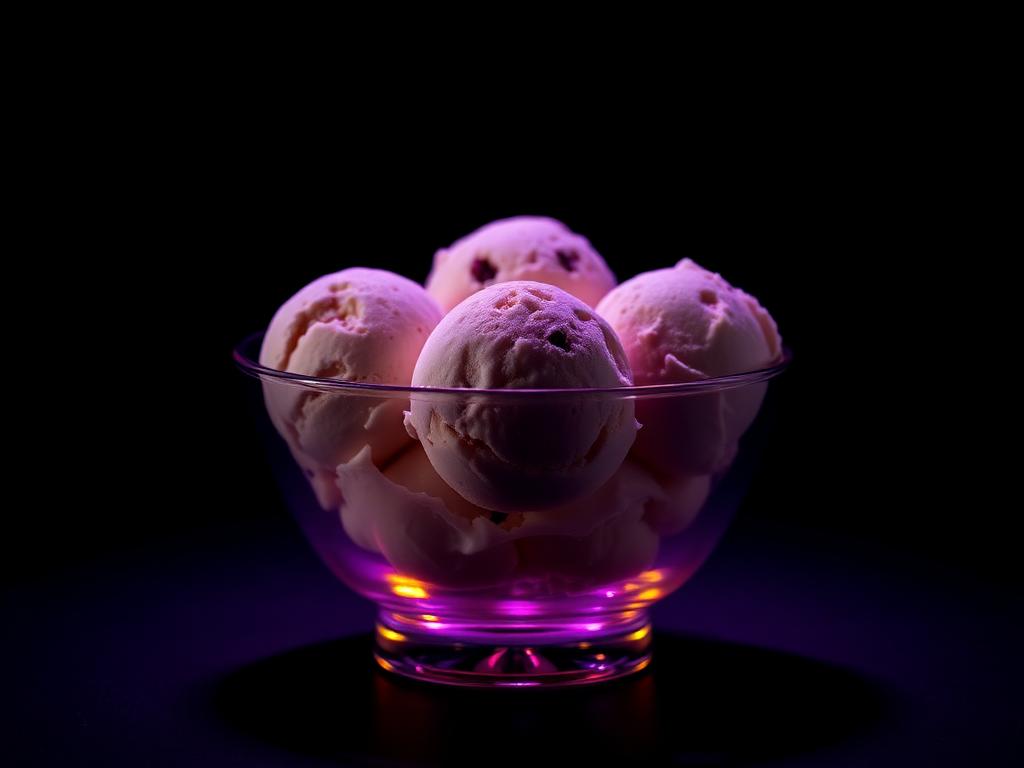 Scoops of ice cream in a glass bowl